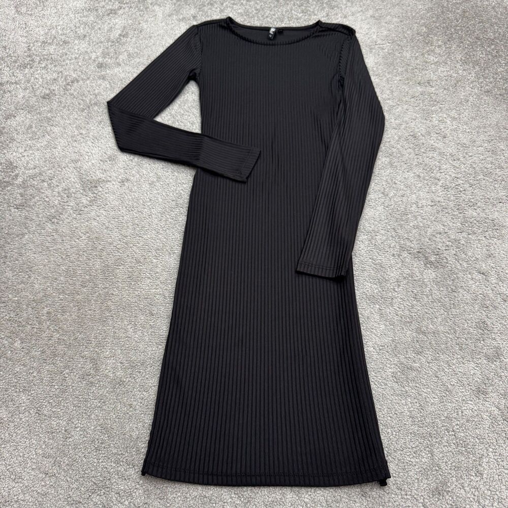 Pieces Ribbed Knit Bodycon Midi Dress Womens XS Black Long Sleeve Casual Stretch
